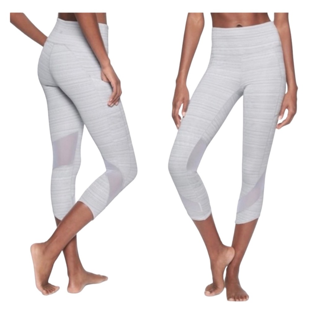 Athleta Womens S Capri Leggings Grey High Rise Mesh Panel Side Pocket Space Dye